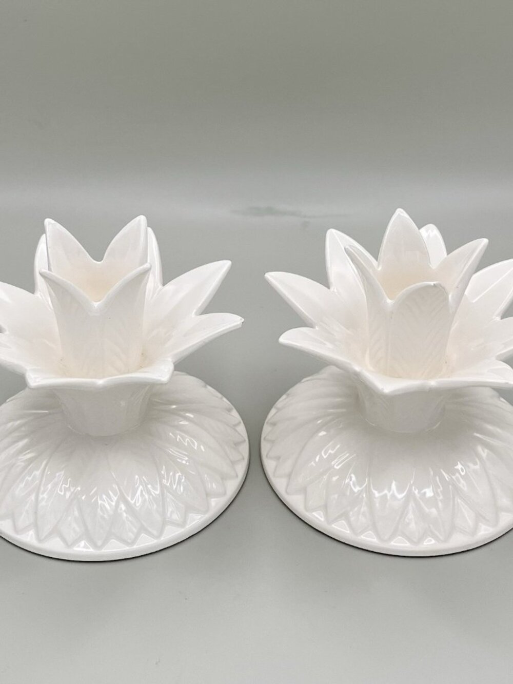 VTG Fitz & Floyd 1976 White Ceramic Lotus Flower Candle Holders Hollywood Lily
